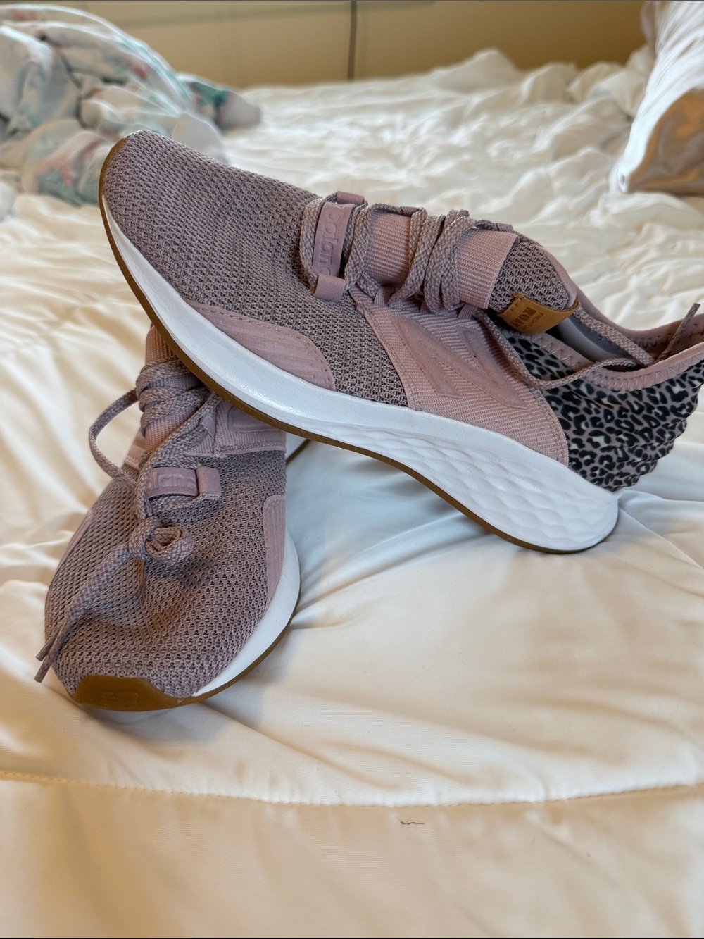 New Balance Women's Knit Slip-On Sneakers in Mauve with Leopard Accent